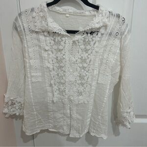 White lace button down striped blouse